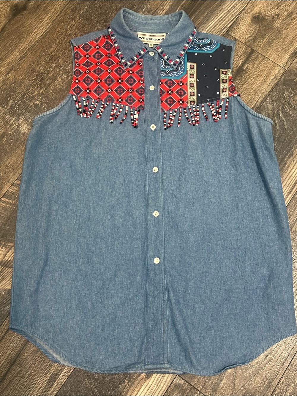 Westbound Denim Sleeveless Button-Up Western Red Navy Bandana Embroidered Beads